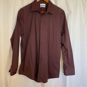 CALVIN KLEIN Men’s Burgundy Steel Slim Fit Long Sleeve Dress Shirt 16.5 32/33